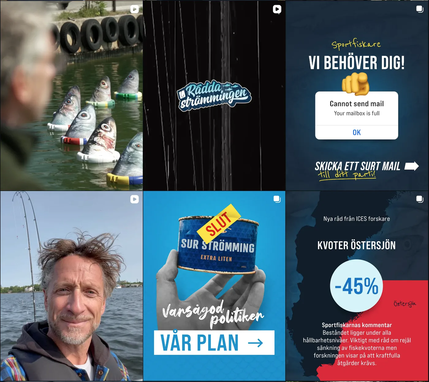 Ett urval av sex inlägg från Sportfiskarnas Instagram om fiske, fiskevård och kampanjfrågor.